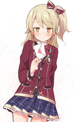 Rule 34 | 1girl, alternate costume, blazer, blue skirt, blush, bow, bowtie, brown bow, brown eyes, brown jacket, buttoned cuffs, buttons, closed mouth, collarbone, envelope, hair between eyes, hair bow, heart, holding, holding envelope, idolmaster, idolmaster cinderella girls, idolmaster cinderella girls starlight stage, jacket, letter, light brown hair, long hair, long sleeves, looking to the side, love letter, love letter (idolmaster), morikubo nono, one side up, plaid, plaid bow, plaid bowtie, plaid skirt, pleated skirt, red bow, red bowtie, revision, school uniform, shirt, skirt, solo, uccow, white shirt