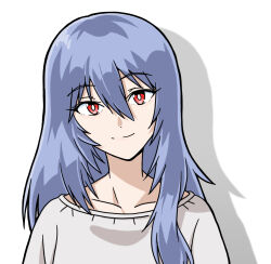 Rule 34 | aged up, ayanami rei, blue hair, collarbone, commentary, evangelion: 3.0+1.0 thrice upon a time, grey sweater, head tilt, long hair, looking at viewer, neon genesis evangelion, official alternate hair length, official alternate hairstyle, rebuild of evangelion, red eyes, sashimi (sasihmi), shadow, simple background, smile, straight-on, sweater, upper body, white background