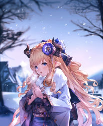 Rule 34 | 1girl, bare tree, blonde hair, blue eyes, blue kimono, blurry, blurry background, breath, building, commentary request, curled horns, depth of field, draph, flower, fur collar, granblue fantasy, hair flower, hair ornament, hands up, highres, horns, japanese clothes, kimono, long hair, long sleeves, obi, own hands together, parted lips, pointy ears, purple flower, razia, sash, solo, tree, u jie, upper body, very long hair, wide sleeves