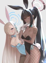 Rule 34 | 2girls, alternate costume, animal ears, aqua bow, aqua bowtie, asuna (blue archive), asuna (bunny) (blue archive), bare shoulders, black hair, black leotard, blue archive, blue eyes, blue neckwear, blue ribbon, bow, bowtie, breasts, brown hair, brown legwear, cleavage, clenched teeth, closed mouth, commentary, covered navel, curvy, dark-skinned female, dark skin, detached collar, english commentary, fake animal ears, fishnet legwear, fishnets, gloves, grey background, hair over one eye, hair ribbon, halo, highleg, highleg leotard, karin (blue archive), karin (bunny) (blue archive), large breasts, leotard, long hair, looking at viewer, mole, mole on breast, multiple girls, number tattoo, official alternate costume, orange eyes, pantyhose, playboy bunny, ponytail, rabbit ears, rabbit tail, ribbon, shiny clothes, shiny skin, shoulder tattoo, simple background, skeptycally, smile, tail, tattoo, teeth, traditional bowtie, twitter username, very long hair, white gloves, wide hips