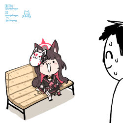Rule 34 | 1boy, 1girl, :3, :d, animal ear fluff, animal ears, asymmetrical legwear, bench, black hair, blue archive, blunt bangs, blush, chibi, choker, colored inner hair, commentary, doodle sensei (blue archive), english commentary, fox ears, fox girl, fox mask, fox tail, halo, japanese clothes, long hair, long sleeves, looking at another, mask, mismatched legwear, multicolored hair, nervous sweating, obi, on bench, open mouth, out of frame, park bench, sash, school uniform, sensei (blue archive), serafuku, sidelocks, simple background, sitting, smile, sweat, tail, two-tone hair, wakamo (blue archive), white background, whitydragon