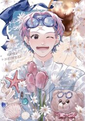 Rule 34 | 1boy, :d, birthday, bouquet, fdn so, flower, flower request, formal, glasses, headband, holding, holding bouquet, koby (one piece), male focus, one eye closed, one piece, open mouth, pink hair, sanpaku, scar, scar on face, scar on forehead, shell, short hair, smile, solo, starfish, straight-on, stuffed animal, stuffed toy, suit, tareme, teddy bear, upper body
