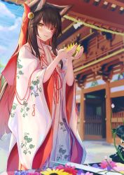 Rule 34 | 1girl, animal ears, bell, black hair, blurry, blurry background, brown eyes, closed mouth, floral print, flower, hair bell, hair ornament, highres, holding, holding flower, light particles, long hair, looking at viewer, nail polish, original, outdoors, red nails, shirousagi (sirousagi1998), shrine, solo, standing, sunflower, wide sleeves, yellow flower