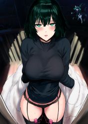 Rule 34 | 2girls, ^^^, aura, bare legs, black dress, black legwear, black panties, black shirt, blush, breasts, closed mouth, coat, unworn coat, commentary, cowboy shot, curly hair, dark green hair, dress, fence, flipped hair, floating, floating clothes, frown, fubuki (one-punch man), full body, fur coat, garter straps, green eyes, green hair, hair between eyes, hews, highres, large breasts, light, lips, long sleeves, looking at another, looking at viewer, looking up, multiple girls, night, notice lines, off shoulder, one-punch man, outdoors, panties, parted lips, pov, sex toy, shirt, short hair, siblings, sisters, solo focus, surprised, sweat, tatsumaki, telekinesis, thighhighs, thighs, tire, underwear, vibrator, vibrator in thighhighs