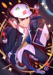 Rule 34 | 1boy, absurdres, baseball cap, black eyes, black jacket, blurry, bright pupils, collared shirt, commentary request, computer, creatures (company), game freak, giacomo (pokemon), grin, hand up, hat, headphones, highres, holding, holding laptop, jacket, laptop, male focus, natupath summer, nintendo, open clothes, open jacket, pants, pointy hair, poke ball, pokemon, pokemon sv, shirt, shoes, smile, solo, sparkle, team star, teeth, timer ball, vest, white footwear, white hat, white pupils, white shirt, yellow vest