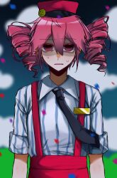 Rule 34 | 1girl, black necktie, collared shirt, colored eyelashes, commentary request, confetti, drill hair, empty eyes, gloves, hair between eyes, hat, highres, kasane teto, leaf88482233, mesmerizer (vocaloid), necktie, open mouth, pants, pink eyes, pink hair, red hat, red pants, shirt, sleeves rolled up, solo, striped clothes, striped shirt, suspenders, sweat, twin drills, upper body, utau, vertical-striped clothes, vertical-striped shirt, vocaloid, white shirt, yellow gloves