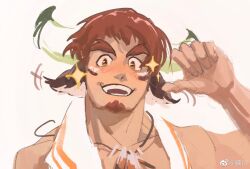 Rule 34 | 1boy, animal ears, bara, blush, brown eyes, brown hair, cow boy, cow ears, cow horns, dark-skinned male, dark skin, dichuan (arriverw), eye black, facial hair, feather necklace, forked eyebrows, glowing horns, goatee, highres, horns, jewelry, laughing, looking at viewer, male focus, necklace, pointing, pointing at self, short hair, sketch, solo, spiked hair, thick eyebrows, tokyo houkago summoners, towel, towel around neck, wakan tanka, wakan tanka (fashionista swimsuit)