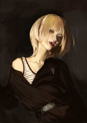 Rule 34 | 1girl, absurdres, belt, black background, black belt, black shirt, blonde hair, blunt bangs, collarbone, grey eyes, highres, licking lips, lips, looking at viewer, medium hair, panda (pfloof85108), photo-referenced, real life, realistic, shirt, single off shoulder, skull (person), solo, tank top, tongue, tongue out, upper body, white tank top, wolf cut