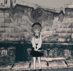 Rule 34 | 1girl, backpack, bag, beret, brick wall, collared shirt, distortion, dot mouth, feet out of frame, flower, greyscale, hair ribbon, hat, hat flower, hatoba tsugu, highres, holding, holding flower, long sleeves, looking at viewer, medium hair, miyashita miro, mole, mole under eye, monochrome, neck ribbon, outdoors, pantyhose, photo background, plastic wrap, pleated skirt, red flower, red tulip, ribbon, shirt, single hair ring, skirt, solo, spot color, storm drain, suspender skirt, suspenders, swirl, tareme, tsugu (vtuber), tulip, virtual youtuber