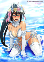 Rule 34 | 1girl, absurdres, ahoge, artist name, bare shoulders, bead necklace, beads, bikini, black hair, blue eyes, blush, bow, breasts, cleavage, collarbone, commentary request, day, detached collar, elbow gloves, flower, full body, gloves, hair between eyes, hair flower, hair ornament, highres, homura (senran kagura), in water, jewelry, kneeling, large breasts, long hair, looking at viewer, midriff, necklace, open mouth, outdoors, patreon username, ponytail, rose, senran kagura, sleeveless, solo, swimsuit, tan, tanline, teeth, thighhighs, tongue, vilde loh hocen, water, watermark, web address
