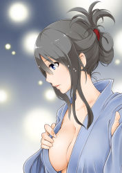 Rule 34 | 1girl, black hair, blue eyes, blurry, blurry background, bokeh, breasts, collarbone, depth of field, folded ponytail, from side, highres, joyfulman, large breasts, long hair, nape, original, parted lips, sidelocks, solo, upper body