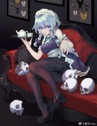 Rule 34 | 1girl, apron, black pantyhose, blue eyes, braid, breasts, bridal garter, bug, butterfly, clothes lift, couch, cup, cushion, expressionless, hair between eyes, hair ribbon, highres, holding, holding tray, holster, insect, izayoi sakuya, large breasts, lifting own clothes, looking at viewer, maid apron, maid headdress, mary janes, pantyhose, puffy short sleeves, puffy sleeves, ribbon, riyu (gauzama), sash, shoes, short hair, short sleeves, silver hair, skirt, skirt lift, skull, solo, teacup, teapot, thigh holster, thigh strap, touhou, tray, tress ribbon, twin braids