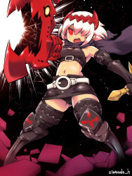 Rule 34 | 1girl, bare shoulders, belt, black skirt, breasts, cape, commentary request, dragon: marked for death, empress (dmfd), facial scar, hair ornament, hair over one eye, holding, midriff, miniskirt, navel, open mouth, panties, pantyshot, red eyes, sato (hekiga ni nemuru), scar, scar on cheek, scar on face, scarf, short hair, skirt, solo, standing, strapless, thighhighs, tube top, twitter username, underwear, white hair, zettai ryouiki