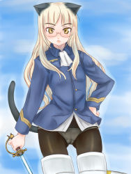 Rule 34 | 00s, 1girl, animal ears, bad id, bad pixiv id, blonde hair, blush, bottomless, cat ears, cat tail, glasses, long hair, no pants, panties, panties under pantyhose, pantyhose, perrine h. clostermann, rapier, scharfschutze, solo, strike witches, striker unit, sword, tail, underwear, weapon, white panties, world witches series, yellow eyes