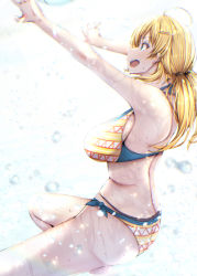 Rule 34 | 1girl, aga marino, ass, bikini, blonde hair, blue eyes, breasts, commentary request, cowboy shot, hachimiya meguru, idolmaster, idolmaster shiny colors, large breasts, low twintails, profile, simple background, solo, swimsuit, twintails, water drop, white background, yellow bikini