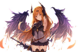 Rule 34 | 1girl, armpits, bare shoulders, black gloves, black wings, blonde hair, blurry, blush, breasts, closed mouth, cowboy shot, dark angel olivia, depth of field, dress, elbow gloves, gloves, granblue fantasy, hair ornament, highres, horns, looking at viewer, red eyes, shaded face, sidelocks, simple background, sleeveless, smile, solo, suzuame yatsumi, thighhighs, upper body, white background, wings, zettai ryouiki