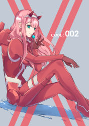 Rule 34 | 10s, 1girl, absurdres, aqua eyes, arm on knee, bodysuit, candy, darling in the franxx, daruartworks, eyeshadow, food, from side, hairband, highres, horns, lollipop, looking to the side, makeup, pilot suit, pink hair, red bodysuit, simple background, sitting, smile, solo, straight hair, white hairband, zero two (darling in the franxx)