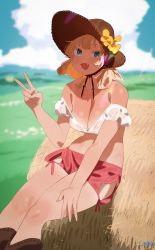 Rule 34 | 1girl, :d, bare shoulders, blonde hair, blue eyes, blue sky, boots, cloud, fang, hat, haystack, highres, looking at viewer, medium hair, midriff, open mouth, original, outdoors, ryusei hashida, shorts, sky, smile, solo, straw hat, tan, tanline, v