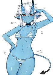 Rule 34 | 1girl, absurdres, armpits, bare shoulders, black horns, black skin, blue horns, blue skin, blush, breasts, choker, cleavage, closed mouth, colored skin, commentary request, cropped legs, cross, cross choker, demon tail, earclip, fang, gluteal fold, hand on own forehead, hand on own hip, highres, horizontal-striped bikini, horizontal-striped panties, horns, kind (latd), medium breasts, medium hair, multicolored horns, naughty face, navel, oni, orange eyes, panties, pointy ears, shirt, sideboob, sidelocks, simple background, smile, solo, soukaku (zenless zone zero), standing, steam, stomach, striped clothes, striped panties, sweat, tail, two-tone horns, two-tone panties, two-tone tail, underboob, underwear, white background, zenless zone zero