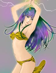 Rule 34 | 1girl, animal print, arms up, bikini, blue eyes, boots, breasts, commentary request, green hair, horns, long hair, looking at viewer, lum, medium breasts, navel, oni, parted lips, pointy ears, solo, strapless, swimsuit, tiger print, urusei yatsura, watanabe yasuaki