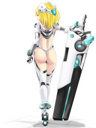 Rule 34 | 1girl, armor, ass, blonde hair, from behind, green eyes, hamu no jin, huge weapon, original, panties, science fiction, simple background, solo, thong, underwear, weapon