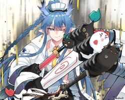 Rule 34 | 1boy, 3girls, arknights, blue hair, chong yue (arknights), dragon bubble (arknights), dusk (arknights), earrings, extra arms, horns, jewelry, kagurabachi, kagurabachi pose (meme), ling (arknights), meme, multiple girls, nian (arknights), no grad, one eye closed, parody, pointy ears, sword, weapon