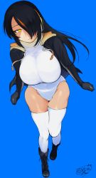 Rule 34 | 1girl, absurdres, arms at sides, black footwear, black hair, blue background, boots, breasts, cameltoe, cardigan, cleft of venus, clenched hands, closed mouth, colored inner hair, emperor penguin (kemono friends), full body, hair over one eye, headphones, highleg, highleg leotard, highres, hood, hood down, hooded jacket, huge breasts, jacket, kemono friends, leaning forward, leotard, light smile, long hair, long sleeves, looking at viewer, multicolored hair, open cardigan, open clothes, open jacket, red hair, shaded face, shibainu goro, signature, simple background, skindentation, solo, thigh gap, thighhighs, two-tone hair, walking, white leotard, white thighhighs, yellow eyes