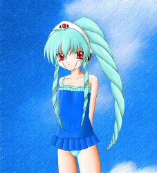 Rule 34 | 00s, 1girl, flat chest, galaxy angel, green hair, high ponytail, long hair, looking at viewer, ponytail, red eyes, solo, swimsuit, tagme, vanilla h
