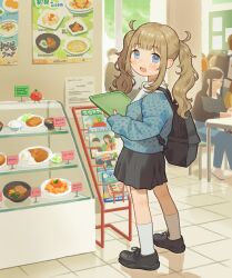 Rule 34 | 1girl, :d, backpack, bag, black footwear, black skirt, blonde hair, blue cardigan, blue eyes, blunt bangs, blush, cardigan, collared shirt, commentary request, commission, cure (vtuber), curry, curry rice, food, full body, highres, holding, holding tray, indie virtual youtuber, indoors, kneehighs, long hair, long sleeves, looking at viewer, noodles, open mouth, people, pleated skirt, poster (object), ramen, rice, shirt, shoes, skeb commission, skirt, smile, socks, solo, solo focus, standing, sumika inagaki, table, tray, twintails, virtual youtuber, white shirt