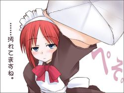Rule 34 | 00s, 1girl, apron, blue eyes, blush, bow, bowtie, brown shirt, cleaning, from above, hisui (tsukihime), looking at viewer, looking up, maid, maid apron, maid headdress, outstretched arm, red bow, red eyes, red hair, shirt, short hair, solo, tsukihime