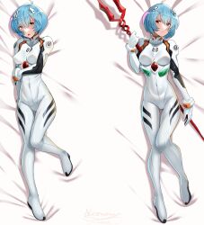 Rule 34 | 1girl, ayanami rei, bident, blue hair, bodysuit, breasts, brown eyes, commentary request, covered navel, dakimakura (medium), highres, impossible bodysuit, impossible clothes, lance of longinus (evangelion), lying, medium breasts, neon genesis evangelion, nicomamu, on back, plugsuit, short hair, signature, solo, spanish commentary, white bodysuit