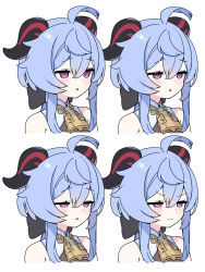 Rule 34 | 1girl, ahoge, bare shoulders, bell, black horns, blue hair, closed mouth, commentary request, curled horns, dot nose, expressions, ganyu (genshin impact), genshin impact, hair between eyes, half-closed eyes, highres, horns, looking ahead, multiple views, neck bell, open mouth, purple eyes, sidelocks, simple background, sleepy, squinting, v-shaped eyebrows, white background, zenshin