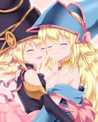Rule 34 | 2girls, :d, ^ ^, bare shoulders, black hat, blonde hair, blue hat, blush, breast press, breasts, calcio, closed eyes, closed mouth, dark magician girl, duel monster, eye contact, eyebrows, fingernails, from side, gagaga girl, green eyes, hair between eyes, hand on another&#039;s back, hat, highres, hug, jewelry, large breasts, long fingernails, long hair, looking at another, multiple girls, necklace, off shoulder, open mouth, pink ribbon, red eyes, ribbon, short hair, smile, symmetrical docking, upper body, wizard hat, yu-gi-oh!, yu-gi-oh! duel monsters, yuri