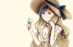 Rule 34 | aqua eyes, blonde hair, breasts, cleavage, commandant teste (kancolle), food, hat, hat ribbon, ice cream, kantai collection, long hair, low-cut, multicolored clothes, multicolored hair, multicolored scarf, plaid, plaid scarf, ribbon, scarf, simple background, solo, streaked hair, sun hat, swept bangs, wallpaper, wavy hair, xiao yi