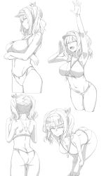 Rule 34 | 1girl, absurdres, arm up, ass, attyon, bikini, breasts, crossed arms, greyscale, hands on own knees, highres, kantai collection, kashima (kancolle), large breasts, leaning forward, long hair, looking at viewer, monochrome, multiple views, open mouth, simple background, smile, swimsuit, twintails, visor cap, waving, wavy hair, whistle, whistle around neck