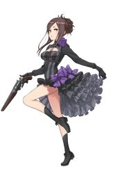 Rule 34 | 1girl, black dress, black footwear, boots, breasts, brown hair, cleavage, cleavage cutout, clothes lift, clothing cutout, dorothy (princess principal), dress, frilled skirt, frills, full body, gun, hair up, highres, holding, holding gun, holding weapon, large breasts, long hair, official art, princess principal, princess principal game of mission, purple eyes, skirt, skirt lift, smile, transparent background, weapon