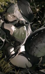 Rule 34 | 1girl, absurdres, arknights, arm up, ass, bare shoulders, black hood, black panties, black thighhighs, closed mouth, commentary request, crocodilian tail, from behind, green shirt, grey eyes, grey hair, highres, large tail, long hair, looking at viewer, looking back, panties, pointy ears, qian deng bai wang, shirt, sleeveless, sleeveless shirt, solo, squatting, tail, thighhighs, tomimi (arknights), torn clothes, torn panties, torn shirt, torn thighhighs, underwear, wading, water, wet