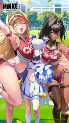 Rule 34 | 3girls, artist request, bay (nikke), between breasts, black hair, blonde hair, blue eyes, blush, breast press, breast smother, breasts, brown eyes, cheerleader, clay (nikke), closed eyes, closed mouth, commentary, crop top, cropped, day, face between breasts, face to breasts, goddess of victory: nikke, hair intakes, head between breasts, height difference, highres, large breasts, long hair, looking at another, multiple girls, navel, official art, one eye closed, open mouth, outdoors, pleated skirt, poli (cheer up police) (nikke), poli (nikke), pom pom (clothes), red skirt, sandwiched, second-party source, short twintails, skirt, standing, twintails, visor cap, white hair, white skirt