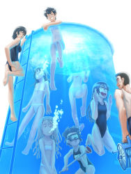 Rule 34 | 1boy, 6+girls, barefoot, bikini, black hair, blonde hair, blush, bubble, embarrassed, feet, flat chest, hand on own hip, holding breath, hose, ladder, lain, long hair, midriff, military, military vehicle, motor vehicle, multiple girls, navel, one-piece swimsuit, open mouth, plunger, pool, pool ladder, school swimsuit, short hair, smile, swimsuit, tank, toes, tongue, underwater, water