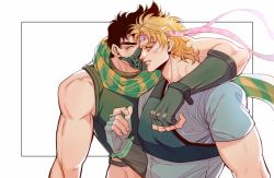 Rule 34 | 2boys, ^ ^, battle tendency, black hair, blonde hair, brown hair, caesar anthonio zeppeli, chest protector, cigarette, closed eyes, crop top, facial mark, fingerless gloves, gloves, green eyes, green scarf, headband, highres, holding, holding cigarette, jojo no kimyou na bouken, joseph joestar, joseph joestar (young), male focus, mask, midriff, multiple boys, scarf, spadelake, striped clothes, striped scarf, thick eyebrows, triangle print, yellow scarf