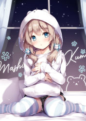 Rule 34 | 1girl, :o, animal hood, black shorts, blue eyes, blue thighhighs, blush, brown hair, character name, commentary request, curtains, feet out of frame, hood, hoodie, hugging object, indoors, light particles, long hair, long sleeves, looking at viewer, low twintails, mashiro kuma, mashiro kuma channel, miyase mahiro, no shoes, panties, parted lips, pillow, shadow, short shorts, shorts, sitting, sleeves past wrists, solo, striped clothes, striped thighhighs, thighhighs, twintails, underwear, virtual youtuber, wariza, white hoodie, white thighhighs, window