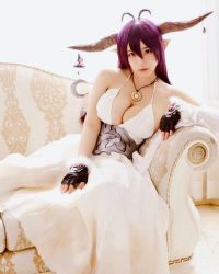 Rule 34 | 1girl, asian, breasts, brown eyes, clothes, collar, cosplay, couch, danua, fake horns, female focus, fingerless gloves, gloves, granblue fantasy, highres, horns, japanese (nationality), large breasts, long hair, looking at viewer, model, on couch, photo (medium), pointy ears, purple hair, shibuya kaho, solo