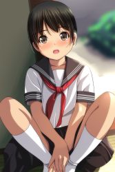 Rule 34 | 1girl, :o, absurdres, black hair, black sailor collar, black skirt, blurry, blurry background, blush, brown eyes, depth of field, feet together, highres, knees apart feet together, knees up, looking at viewer, matsunaga kouyou, neckerchief, no shoes, nose blush, open mouth, original, pleated skirt, red neckerchief, sailor collar, school uniform, serafuku, shirt, short sleeves, skirt, socks, solo, white shirt, white socks