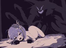Rule 34 | 1girl, ass, blush, cum, ganima, gloves, lying, monster, nude, on stomach, open mouth, partially colored, purple hair, setsuna (shironeko project), shironeko project, trembling