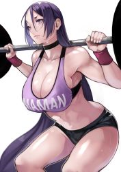 Rule 34 | 1girl, absurdres, alternate costume, barbell, bare shoulders, breasts, cleavage, exercising, fate/grand order, fate (series), hair between eyes, highres, large breasts, long hair, minamoto no raikou (fate), muscular, muscular female, parted bangs, purple hair, shorts, squatting, tank top, thighs, very long hair, weightlifting, yoshio (55level)