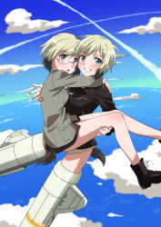 Rule 34 | 2girls, arms around neck, blonde hair, blue eyes, boots, brown hair, carrying, commentary, dog tail, erica hartmann, flying, glasses, grin, highres, long sleeves, looking at viewer, military, military uniform, multicolored hair, multiple girls, naguramu, no pants, open mouth, princess carry, short hair, siblings, sisters, smile, strike witches, strike witches: suomus misfits squadron, striker unit, tail, twins, twitter username, two-tone hair, uniform, ursula hartmann, world witches series