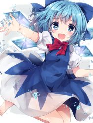 Rule 34 | 1girl, :d, bad id, bad pixiv id, barefoot, blue bow, blue dress, blue eyes, blue hair, bow, cirno, dress, hair bow, heart, heart-shaped pupils, ice, ice wings, open mouth, puffy short sleeves, puffy sleeves, red ribbon, ribbon, short hair, short sleeves, smile, solo, symbol-shaped pupils, toes, touhou, uguisu mochi (ykss35), wings