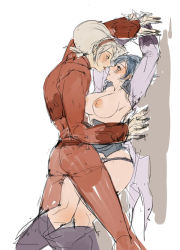 Rule 34 | 1boy, 1girl, after kiss, against wall, androgynous, arms up, ash crimson, belt, black nails, blonde hair, blue hair, blush, breasts, collared shirt, couple, elisabeth blanctorche, eye contact, half-closed eyes, headband, height difference, hetero, holding another&#039;s wrist, large breasts, looking at another, muse (rainforest), nail polish, nipples, panties, profile, saliva, saliva trail, shirt, short hair, simple background, sketch, the king of fighters, tongue, tongue out, underwear, undressing, white background