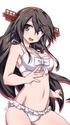 Rule 34 | 1girl, 547th sy, absurdres, bikini, black hair, breasts, brown eyes, collarbone, contrapposto, cowboy shot, dated, frilled bikini, frills, hairband, haruna (kancolle), headgear, highres, kantai collection, long hair, medium breasts, navel, simple background, smile, solo, swimsuit, twitter username, white background, white bikini