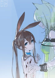 Rule 34 | 2girls, amiya (arknights), animal ears, arknights, bandages, blue background, blue eyes, brown hair, collar, dress, extra ears, green dress, green hair, highres, kal&#039;tsit (arknights), long hair, looking at viewer, majiang, material growth, multiple girls, nude, off-shoulder dress, off shoulder, oripathy lesion (arknights), ponytail, rabbit ears, see-through, see-through dress, upper body
